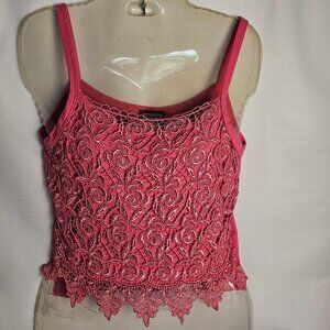 Awesome Wear 90's Vintage Floral Lace Overlay Ribbed Knit Cropped Top Pink  NWT